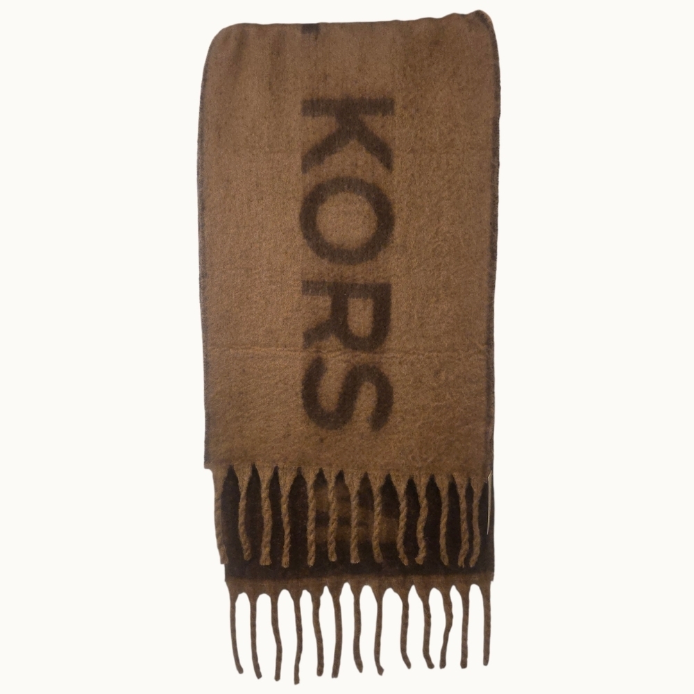 NWT Michael Kors Logo Scarf Camel Brown Wool Blend Fringe NWT